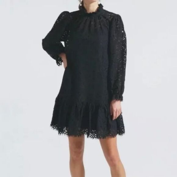 J.Crew Black Lace Puff Sleeve High Neck Ruffle Mini  Size Large - Picture 5 of 9